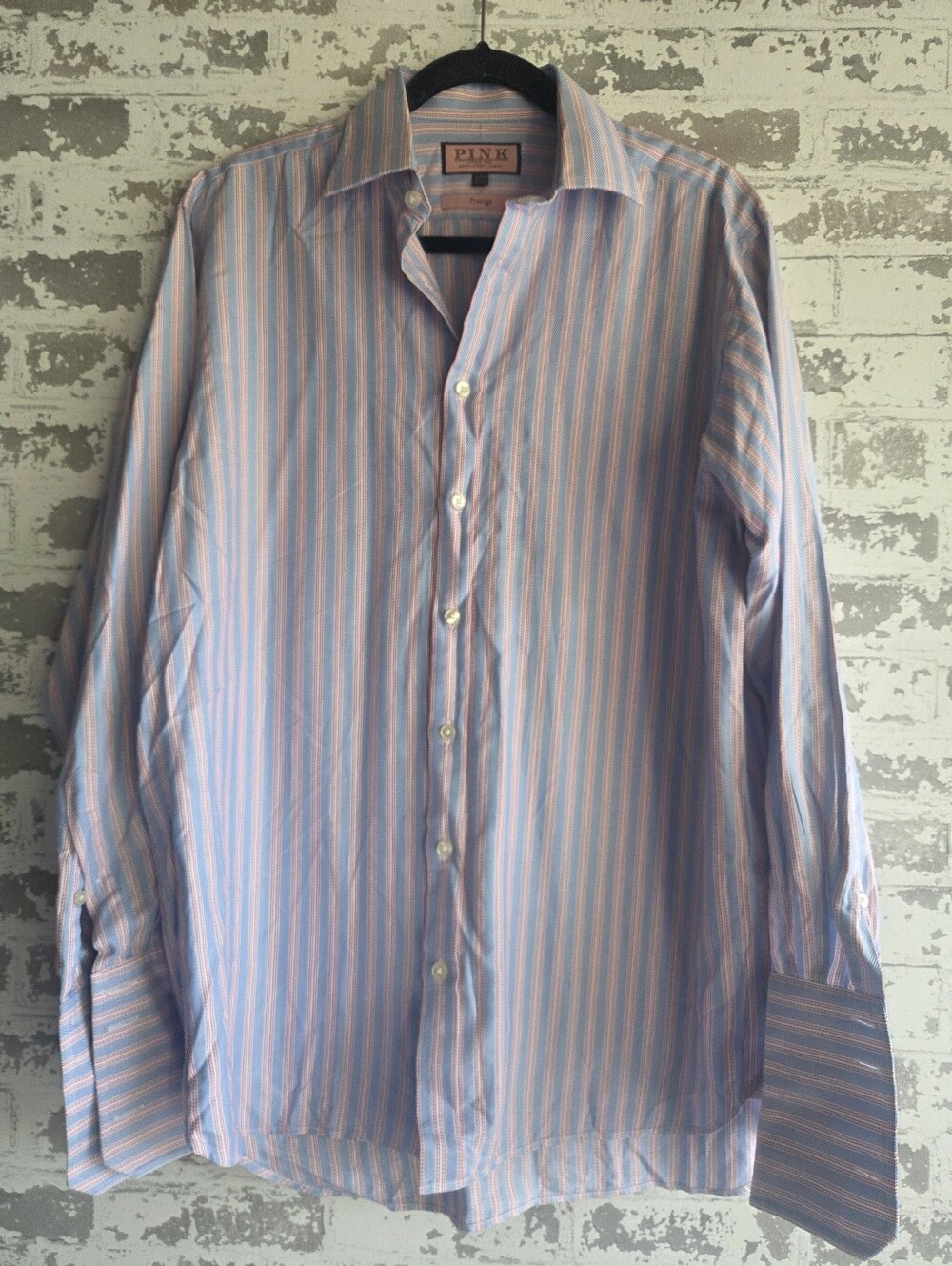 Thomas Pink Prestige Dress Shirt 16 34.5 Blue Pink Striped French Cuff Men’s